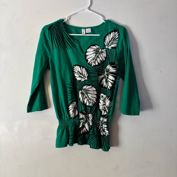 Palm Island Green Floral 3/4 SLIT Sleeve Elastic Waist Pullover V Neck TOP Small - Picture 3 of 6